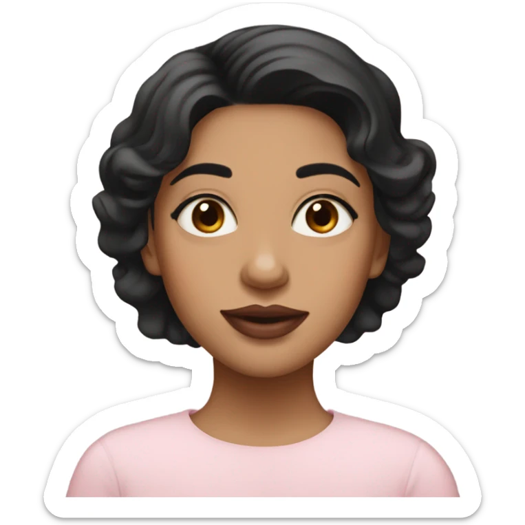 A South Asian girl with pale skin, black wavy short hair and pale pink lips sticker