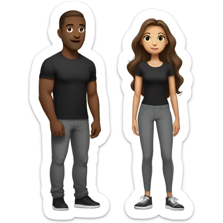 Guy with big nose and brown hair and really tall wearing black t-shirt and grey joggers and girl next to him with long brown straight hair wearing a tight black bodycon dress and makeup on  sticker