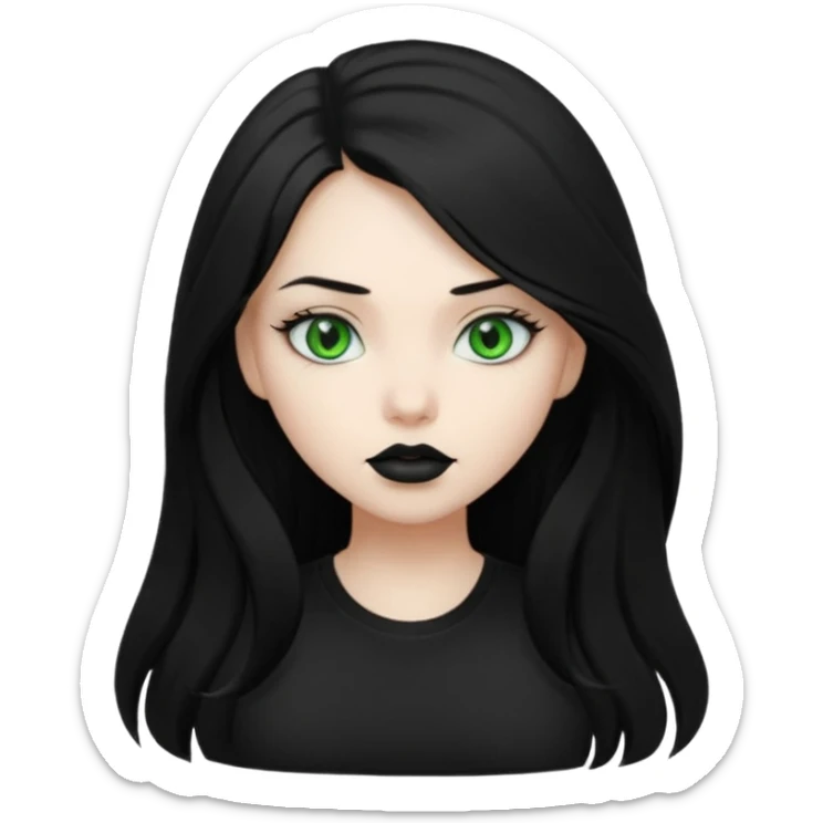 Black haired girl, green eyes, black lipstick, white skin, black t shirt, sharp face, long hair sticker