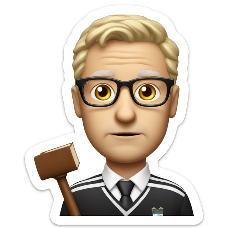 Boring white male, glasses, old, with a book, judges hammer, Liverpool football team supporter sticker