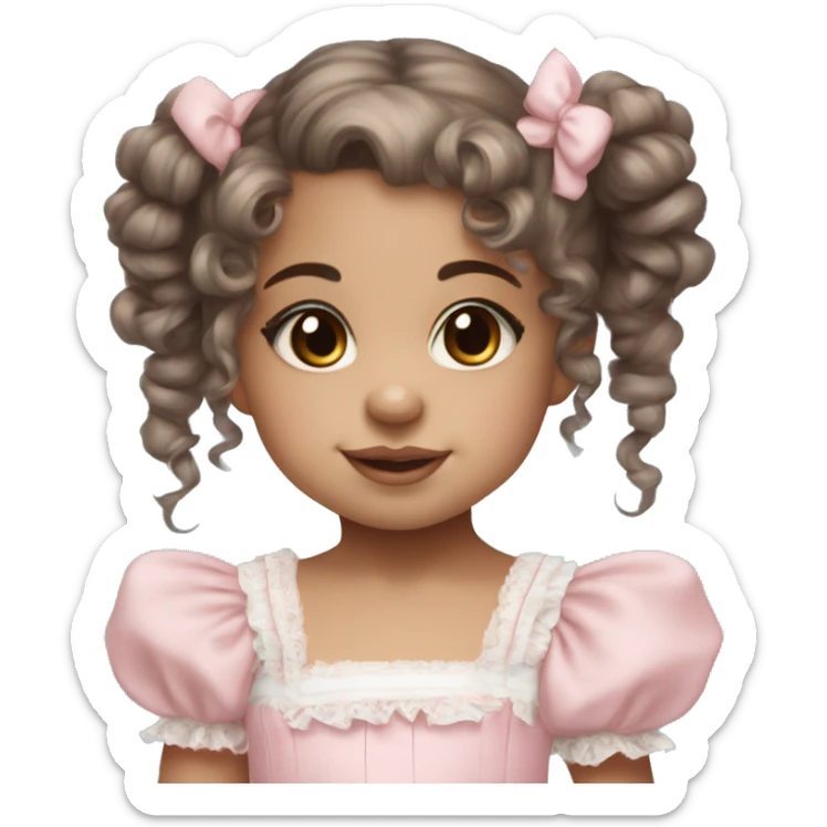 light skin toddler girl with brown eyes and brown curly hair in two pigtails wearing a baby pink lolita dress with baby blue hair bows sticker