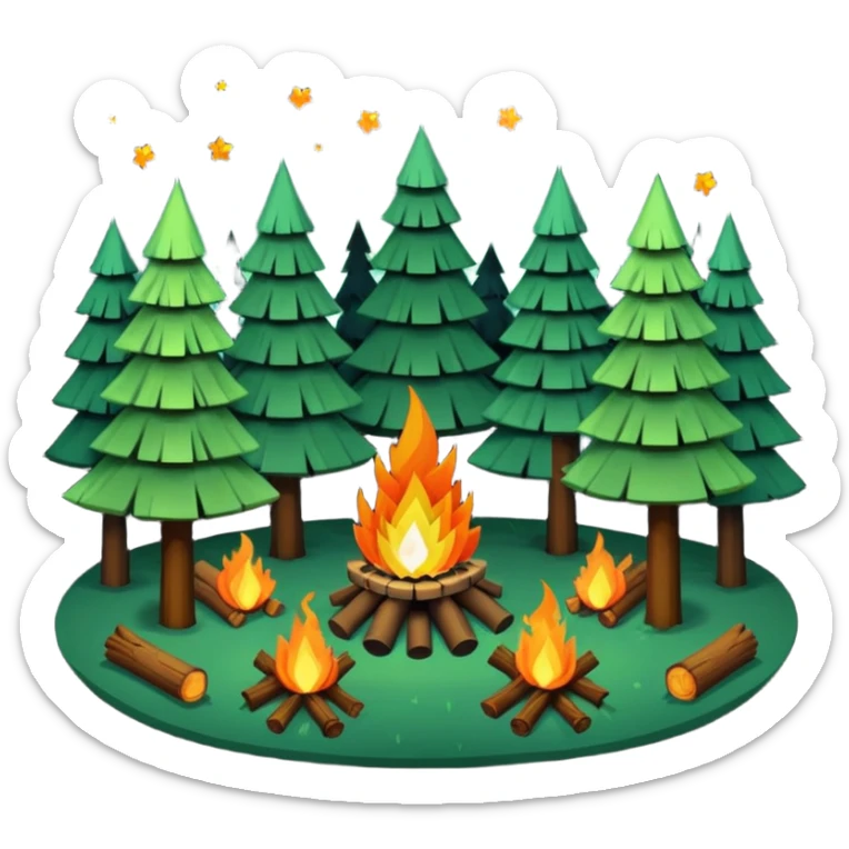 pixelates art of a forest at night, with a campfire in the center. there are tall and short trees. sticker