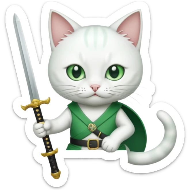 un gato blanco con reeferencia a roroa zoro "una espada en cada mano y una en la boca sticker