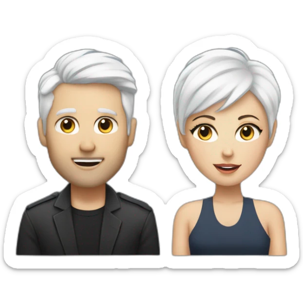 White man with dark hair next to a white woman with very short white hair, podcasting with mics and a MacBook sticker