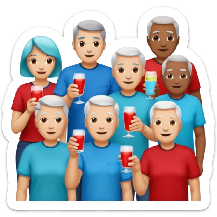 A room packed with adults and seniors in casual clothing with red, aqua and blue shirts, some with drinks, chatting at an afterwork meeting sticker