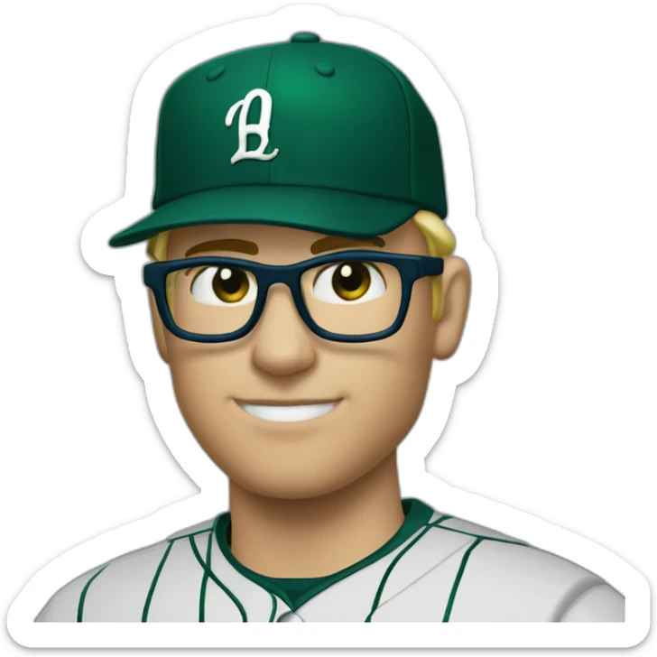 baseball card character. Blonde male. Short hair with glasses. Dark green uniform with hat. Blue eyes and a cobra snake logo on the hat with a C logo sticker