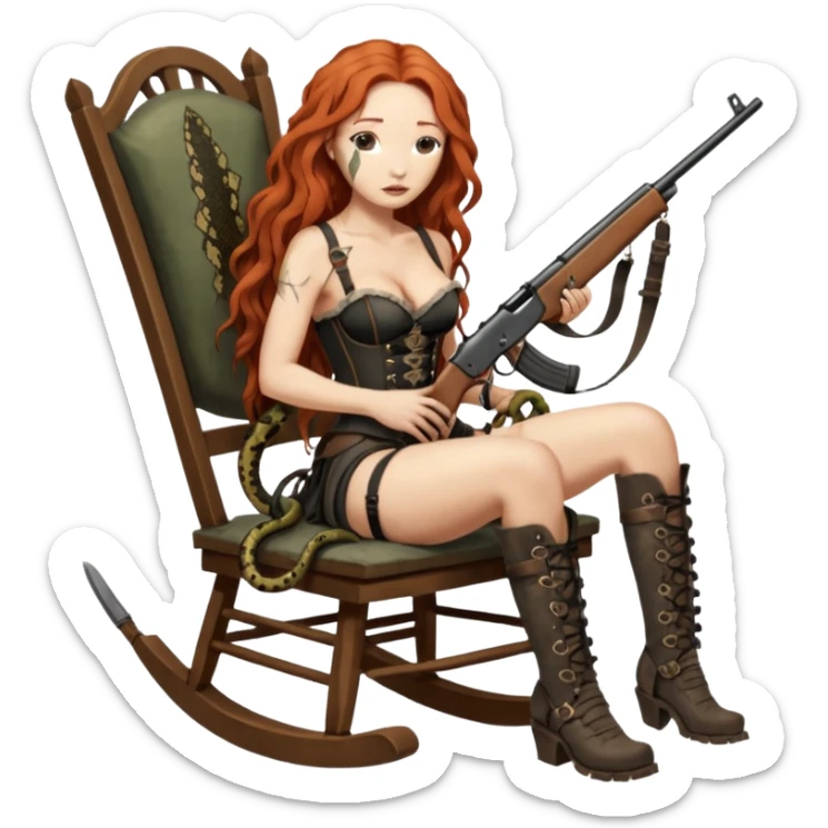 cinematic realistic ultra HD very old and tired Tori Amos casually crouches on a rocking chair in a torn corset, holding a double-barreled rifle and with muddy feet. a big snake wrapped itself around the chair sticker