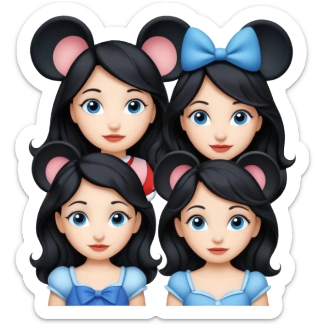 escribe el nombre Disneyland Paris y para titulo, pon a quatro chicas: una pelo corto negro, una pelo rizado largo, una pelo largo liso y la otra pelo ondulado mediano, esta con el ojos azules. Todas tienen piel carne sticker