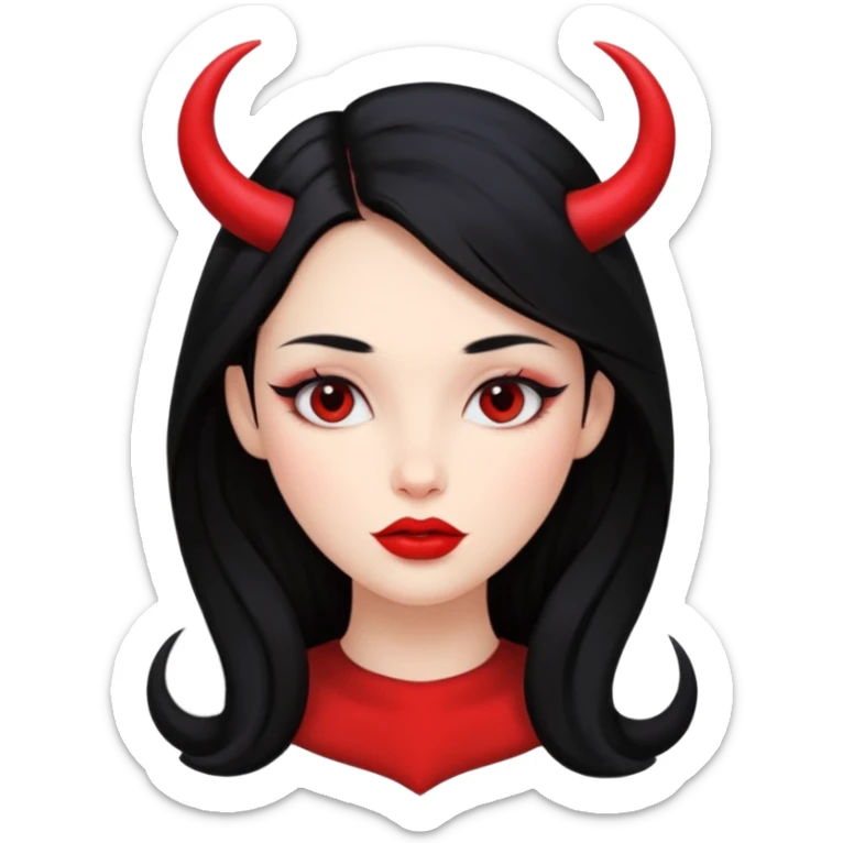 A girl's face with cheekbones, red skin, long black hair, small red horns, big lips sticker