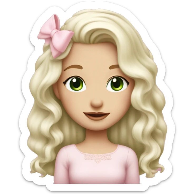 pale blonde girl with long platinum white wavy hair with bright green eyes and wearing a light pink hair bow  sticker