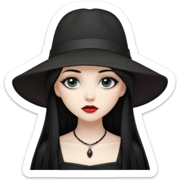 Female Goth with Wide-Brim Hat
 Long straight black hair, white skin, black dress, wide hat casting shadow over eyes. sticker