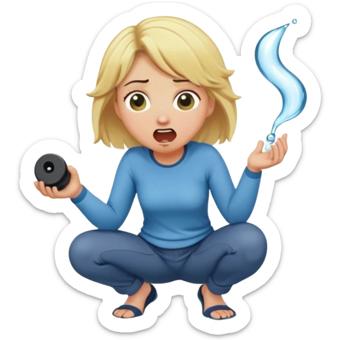 round-faced blond woman kneeling, shocked, playful cartoon stick with D-shaped knob and exaggerated features coming from trousers in front of her face, water jet into her mouth sticker