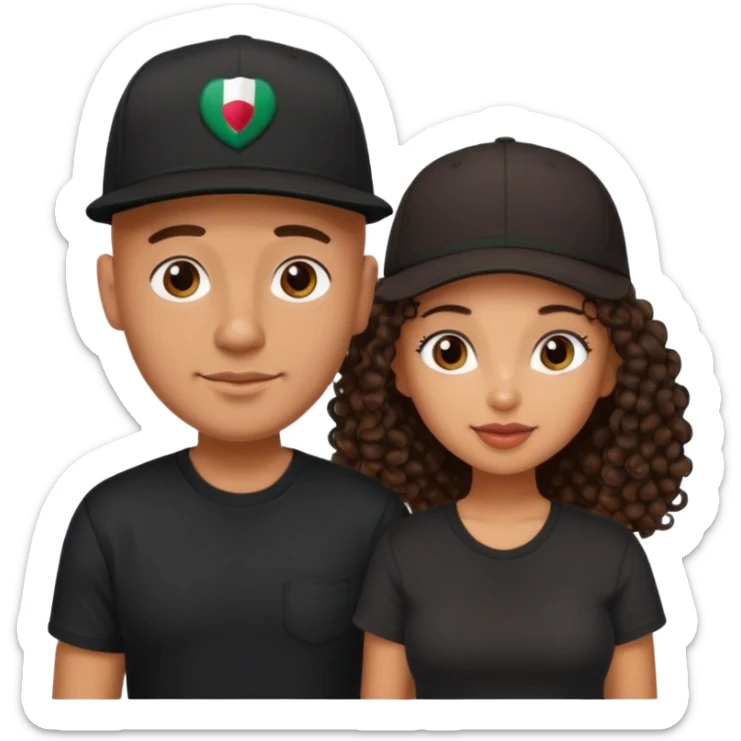 A picture of a cute tanned couple. the man is Mexican, with a bald hair cut wearing a SnapBack hat and a black shirt. the woman is mixed, she has curly longer dark brown hair, thicker and with big boobs  sticker