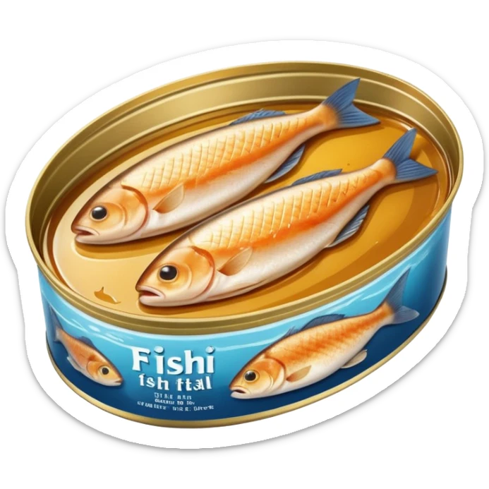 oval metal tin slightly open revealing firm light brown fish fillets packed in oil with soft sheen and visible grain shallow can with rolled edge typical of preserved fish packaging no fork herbs or label just opened tin and fish soft lighting subtle shadows emoji scale sticker