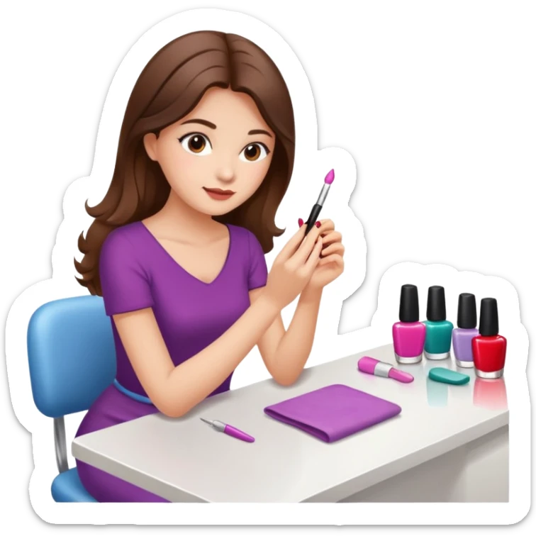 A realistic illustration of a girl with medium-length thick brown hair sitting at a manicure table.
 sticker
