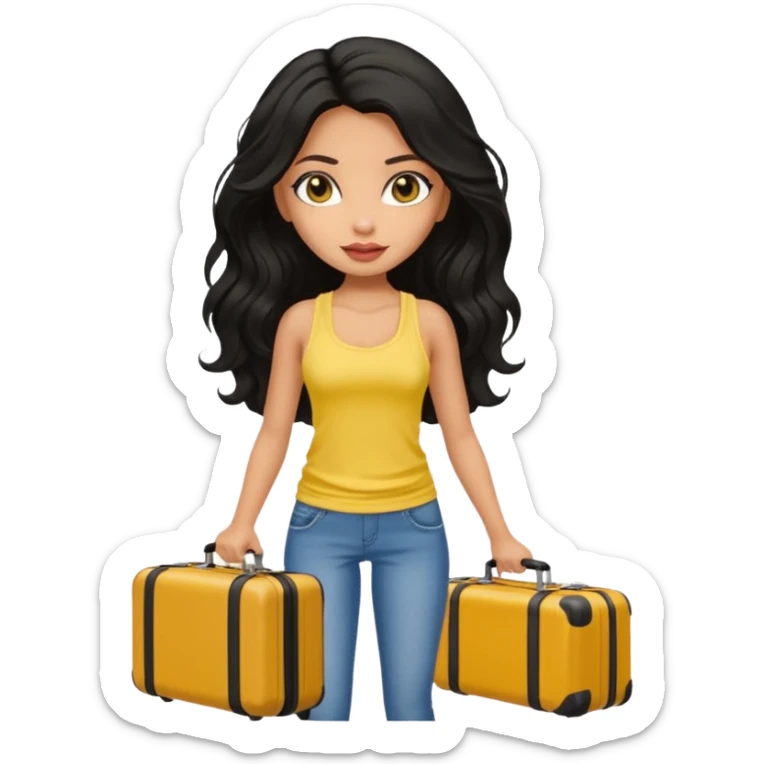 a pretty bratz dusky girl with long wavy black hair in a yellow tank top with a black suitcase at an airport sticker