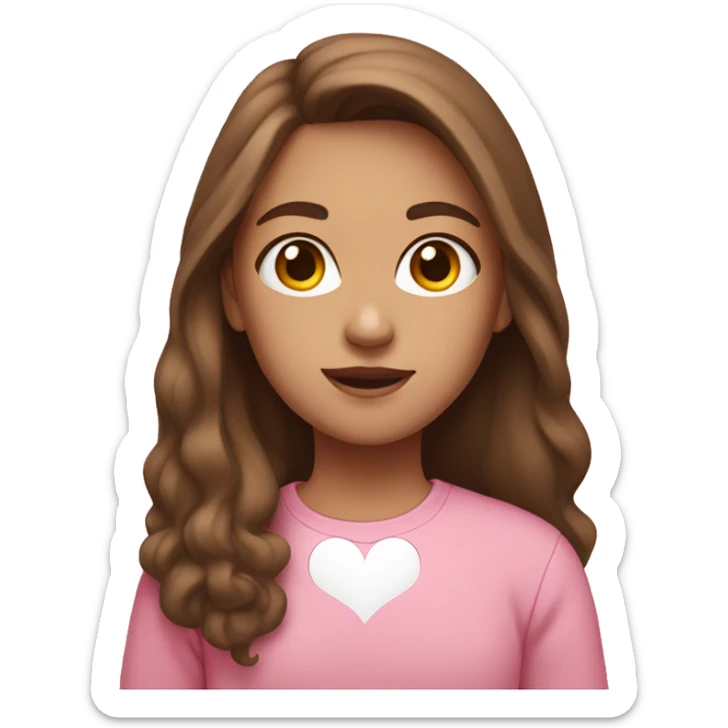 girl with brown hair in a pink sweatshirt shows white heart sticker