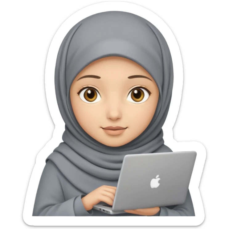 A girl wearing a gray hijab and with hazel eyes is carrying a laptop, not a laptop, just a regular laptop. Not mat bock  sticker
