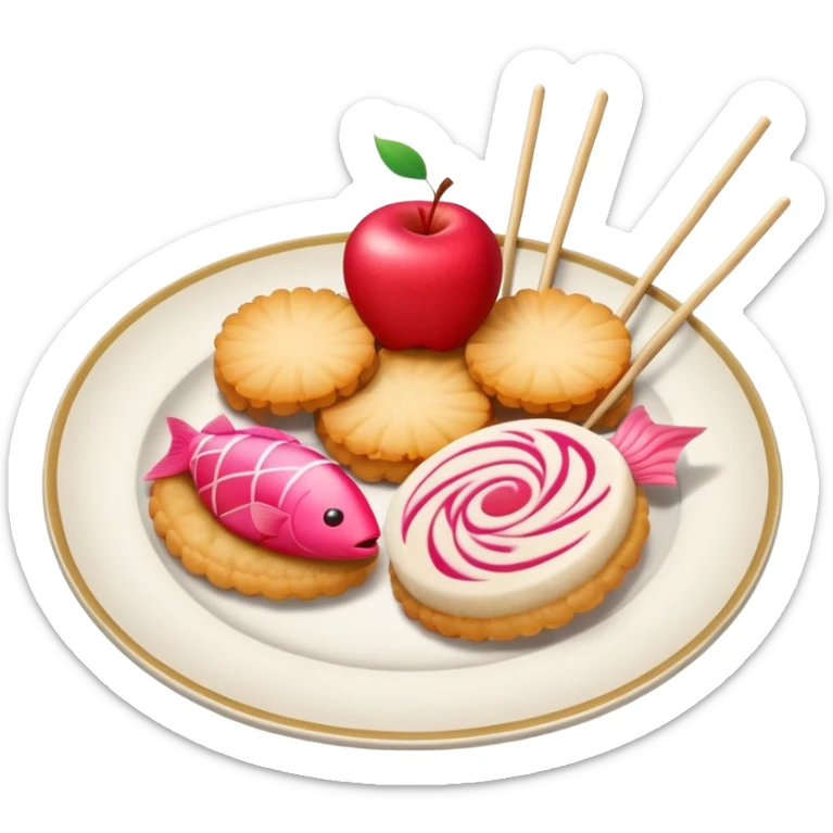 A combination of red apple, fish cake with pink swirl (narutomaki), rice cracker (senbei), and dango on a stick arranged together as a food plate sticker