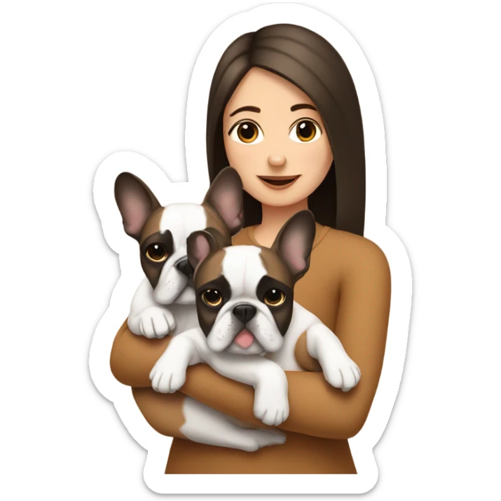 media length brunette girl cuddling two french bulldogs  sticker