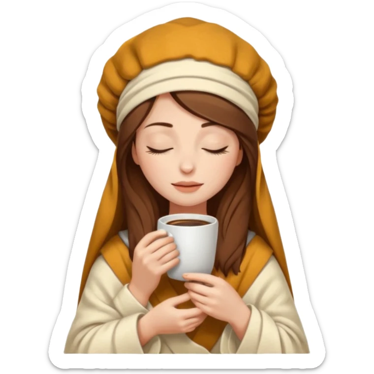 brown hair woman closed eyes with cream blanket on her head, holding cup of coffee, autumn mood sticker