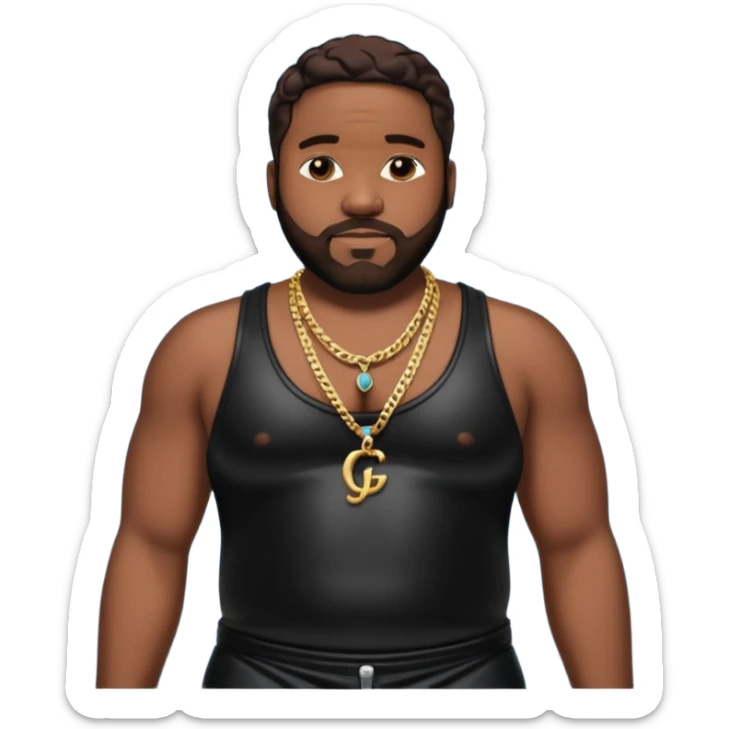 Gerald Levert with dark brown hair, latex black baggy pants, shirtless with necklace sticker
