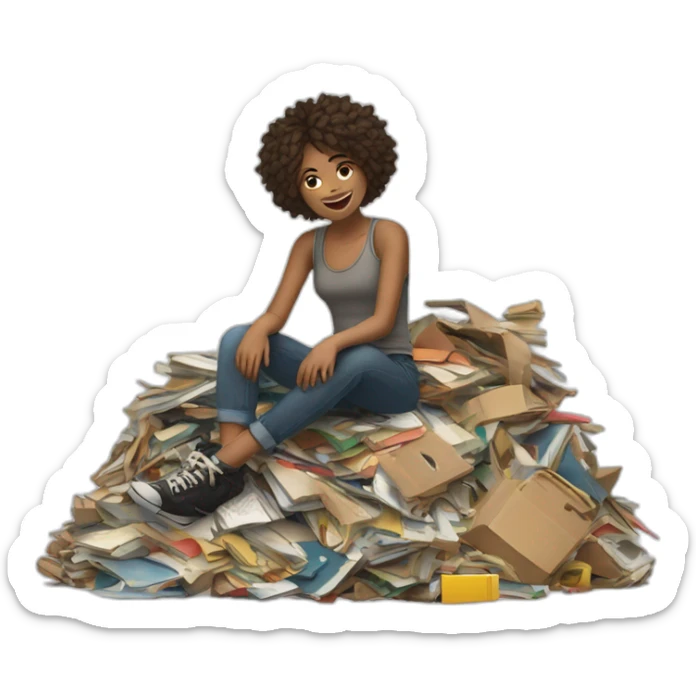 girl sitting on top of a "junk pile" but the junk pile is actually desirable items like books, clothing, tickets, things representative of art and culture... sticker