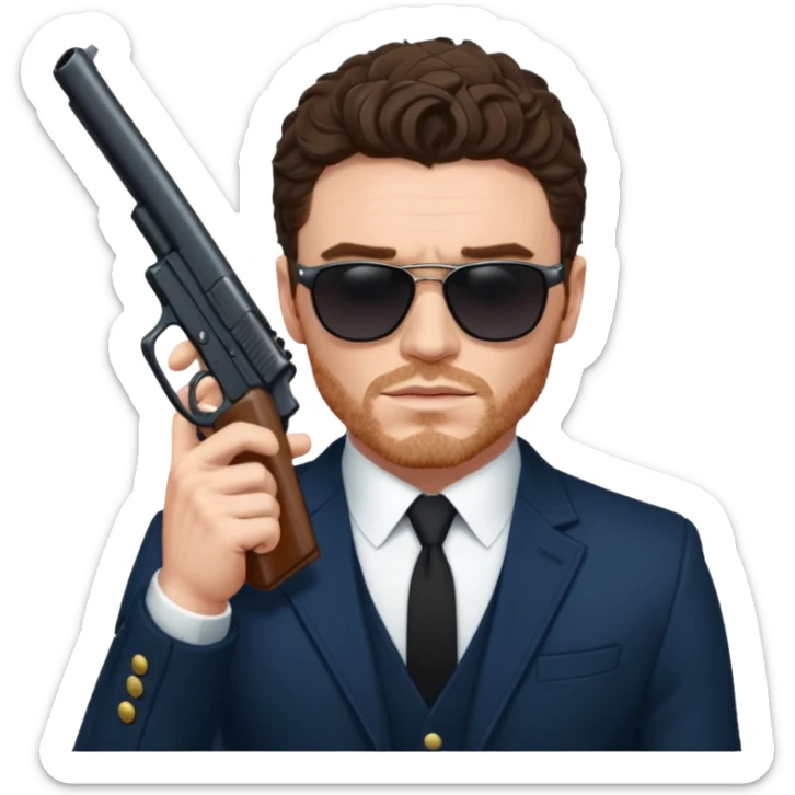 Richard Madden as his character in the Bodyguard TV series, with sunglasses on and a gun in his hand. sticker