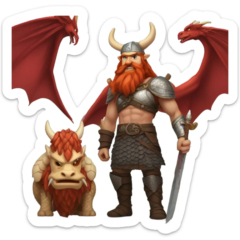 Viking red head dragon queen with a slain Viking solder with a man bun standing on a dragon flying over a volcano in a beautiful sky sticker