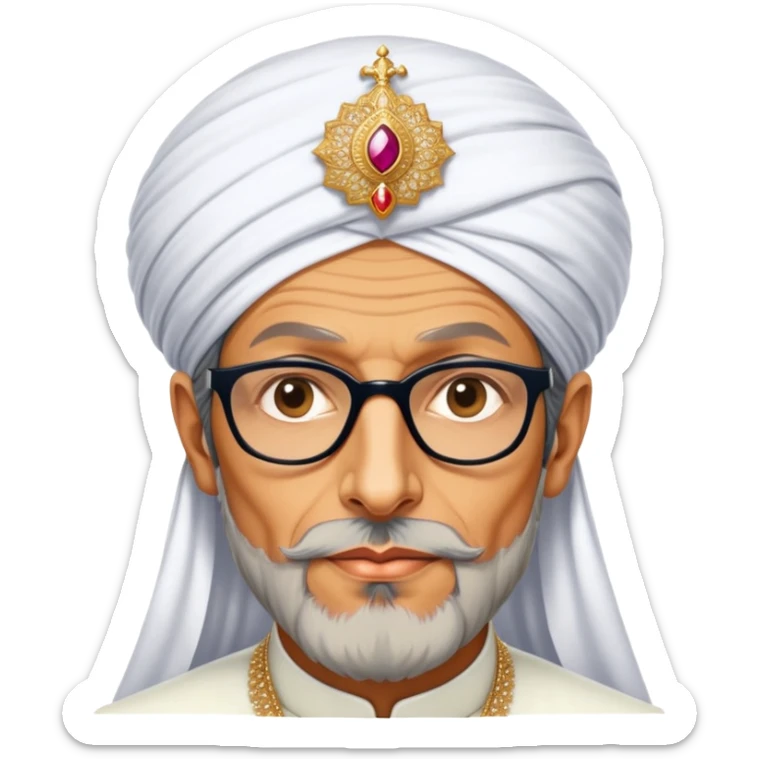 Jeff Goldblum no glasses as a regal portrait dressed as suleiman-the-magnificent,-depicted-as-a-regal-ottoman-sultan-adorned-with-a-large,-white,-round,-tall-turban-and-a-majestic-grey-beard,-his-commanding-gaze-bathed-in-warm,-historic-lighting-that-exudes-timel sticker