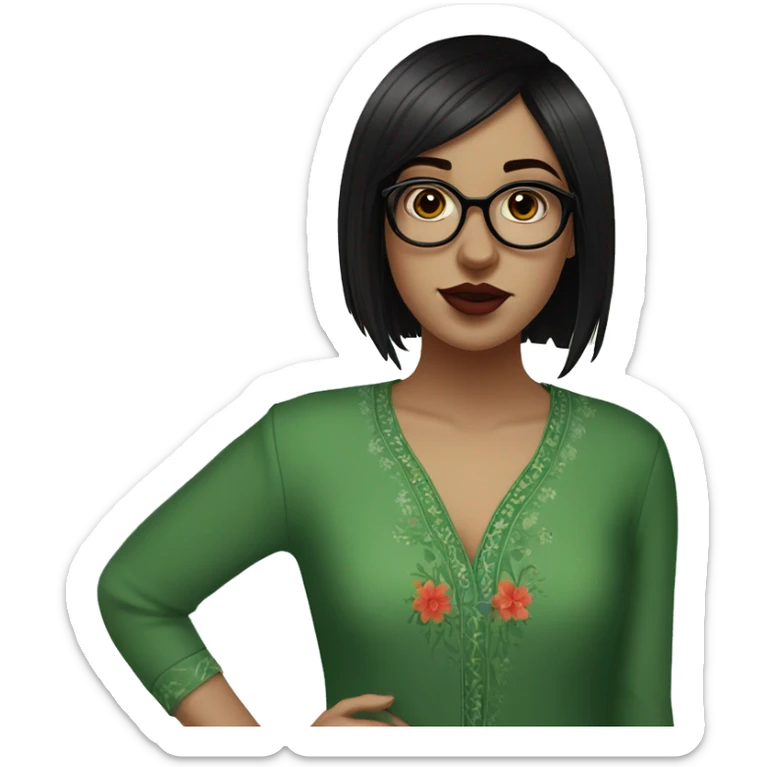 White girl in a green kurta with flower design, glasses, alot of piercing, gay, red lips, nose ring, full body, short straight black edgar hair, black straight hair, front bangs sticker