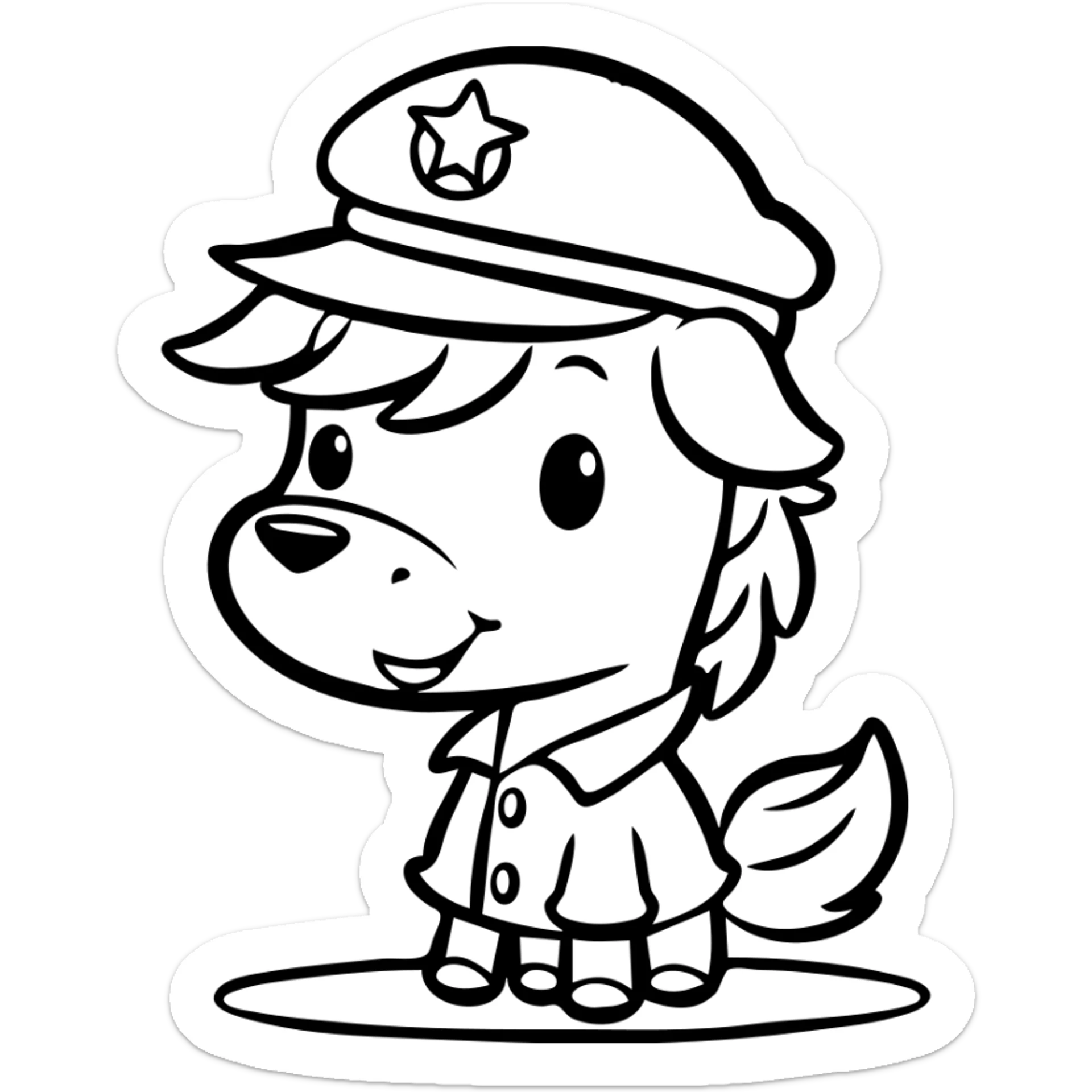 Cartoon pony with a dog's face and features, wearing military uniform and hat sticker
