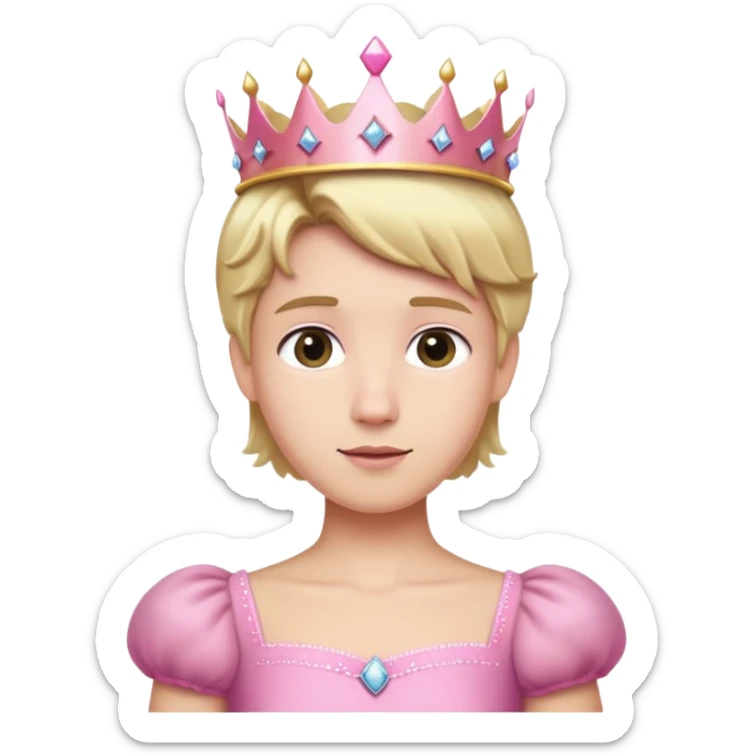Man with a short blond hair, a pink dress and a princess crown sticker