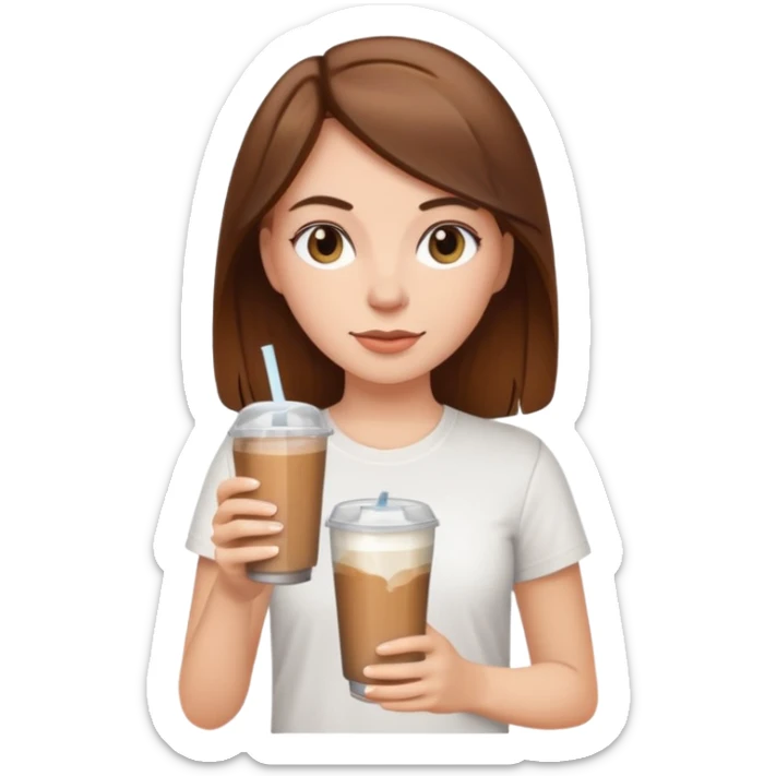A white girl with brown hair and wearing a white tee holding an ice coffe sticker