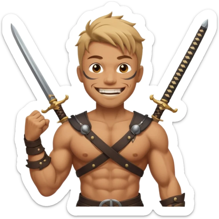 Haz que tenga una sonrisa epica una cicatriz en el ojo serrado y una espada entre los dientes y dos más a cada lado. sticker