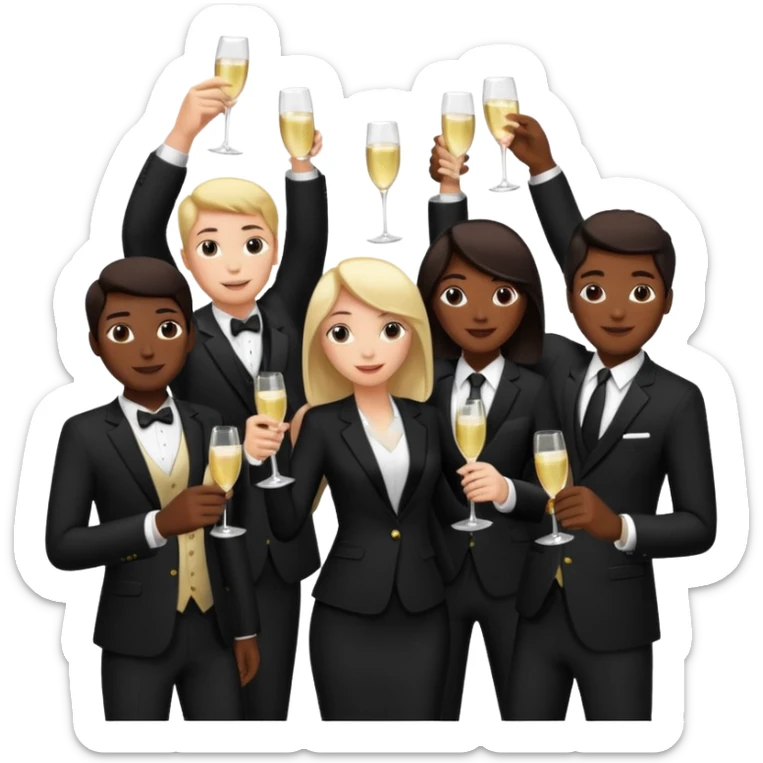 Un equipo cin trajes negros, personas blancos y negros de ventas celebrando un logro con un brindis. El fondo negro totalmente  sticker