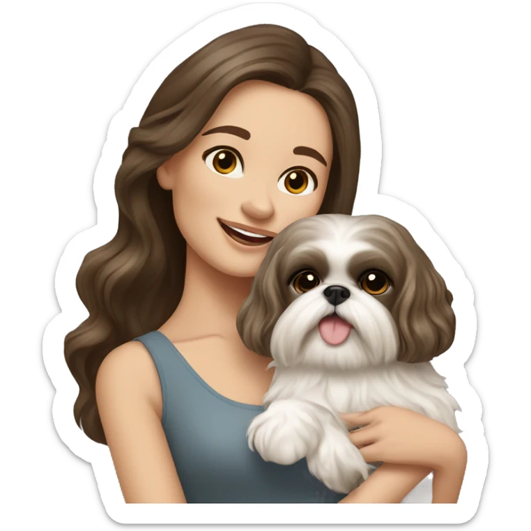 Young brunette hair woman with a cream shih tzu in her arms long wavy hair sticker