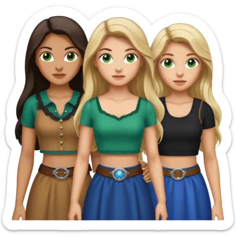 Three women, light skin with dark blonde long hair with green eyes in crop top, tan skin black long hair with brown eyes in western wear, and light skin long blonde hair with blue eyes wearing a dress sticker