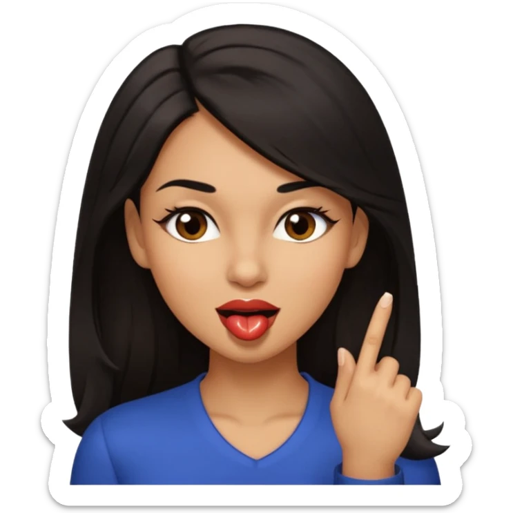 black slighty browin hair light brown skin woman, flirtatious gesture, biting her finger and winking emoji she also has tall hair and brown eyes sticker