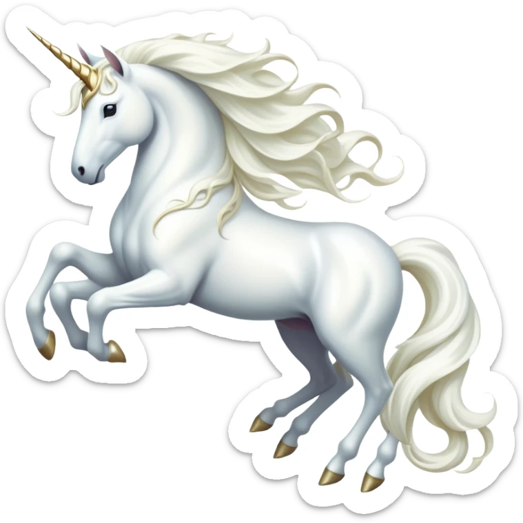cinematic-noble-white-unicorn-full body-emoji,-poised-and-regal,-with-a-slender,-ethereal-form-draped-in-a-pristine-white-color,-a-flowing-mane-and-tail,-and-a-glistening,-spiraled-horn-that-radiates-pure-light,-simplified-yet-sharp-and-majestic, zoomed out to show a majestic unicorn sticker