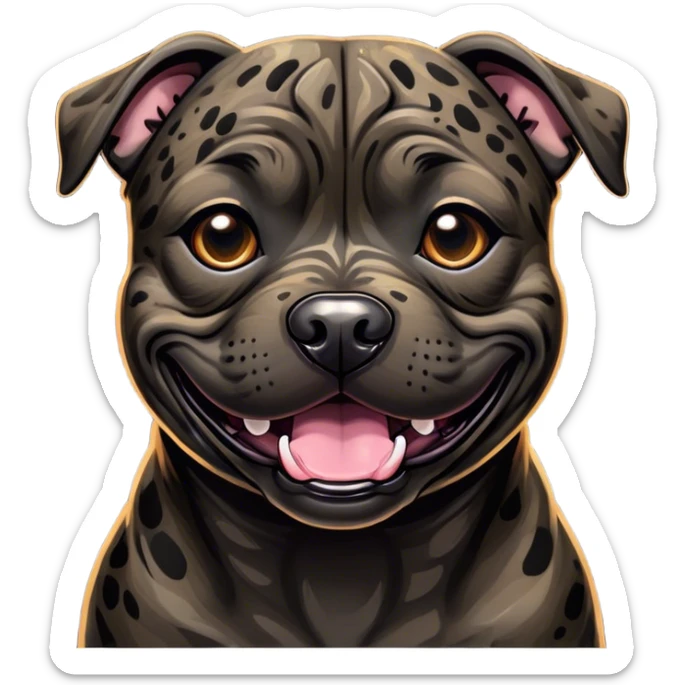 Cinematic Comical Black/Brindle Staffordshire Bull Terrier Portrait Emoji, Head tilted dramatically with an exaggeratedly amused expression, featuring a striking Fur with bold black and brindle patterns, wide, expressive dark eyes filled with playful disbelief, Simplified yet hilariously expressive features, highly detailed, glowing with a slightly sassy glow, high shine, dramatic yet playful, stylized with an air of cheeky mischief, bright and endearing, soft glowing outline, capturing the essence of a spirited and over-the-top guardian, so meme-worthy it feels like it could side-eye its way into internet fame instantly! sticker