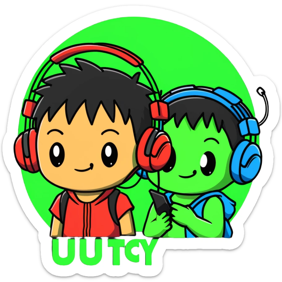 Green Luffy and green Alastor wearing headphones listening to music together sticker