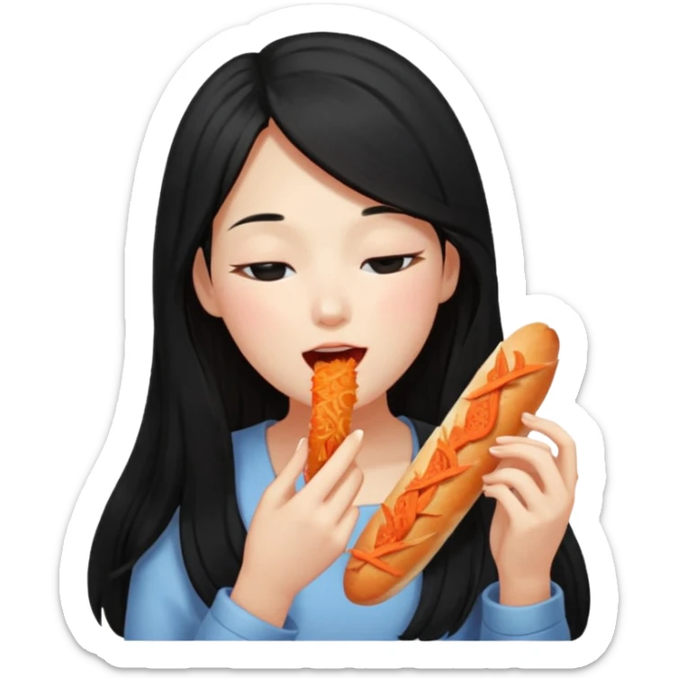 Girl with black long hair eat kimchi close eyes baguette sticker
