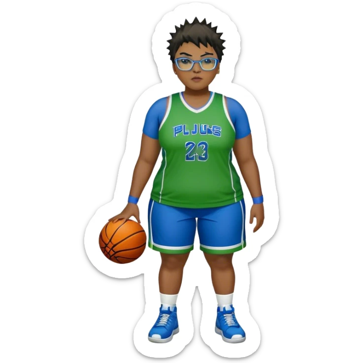 full body white plus size women basketball player with short spiky dark hair with added blond highlights wearing blue glasses wearing green and blue uniform sticker