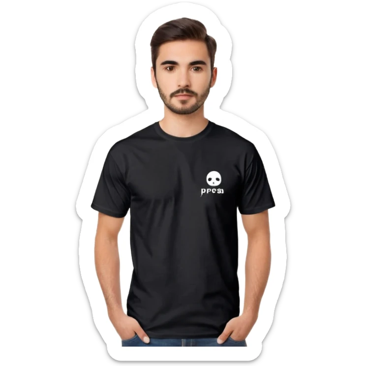 black short-sleeve T-shirt with the words “prepa udem” printed in small white text on the chest. The shirt has a simple, casual fit and a clean, minimalist look. sticker