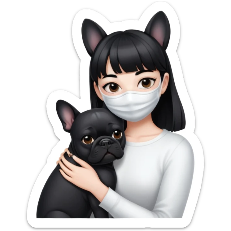 girl with short black straight bangs hair wearing a white mask and hugging a black French bulldog sticker