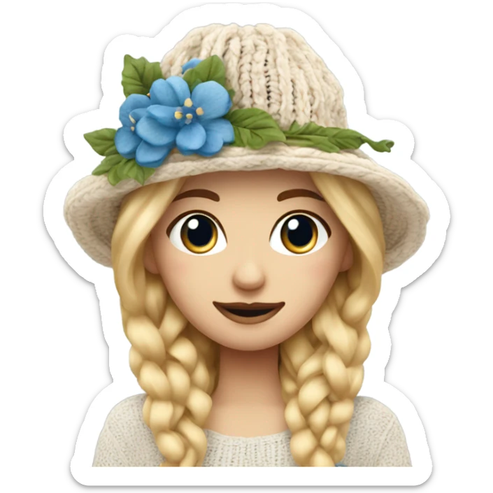 beautiful finnish golden hair woman with blue eyes knitting floral hat sticker