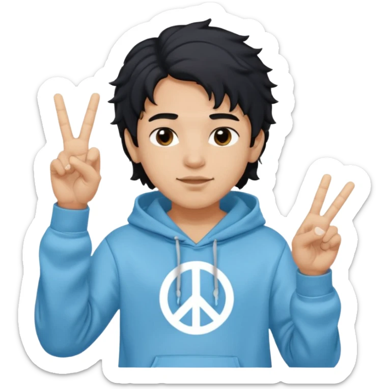An indian boy in a light blue hoodie with wavy flow hairstyle showing peace sign, with black hair color sticker