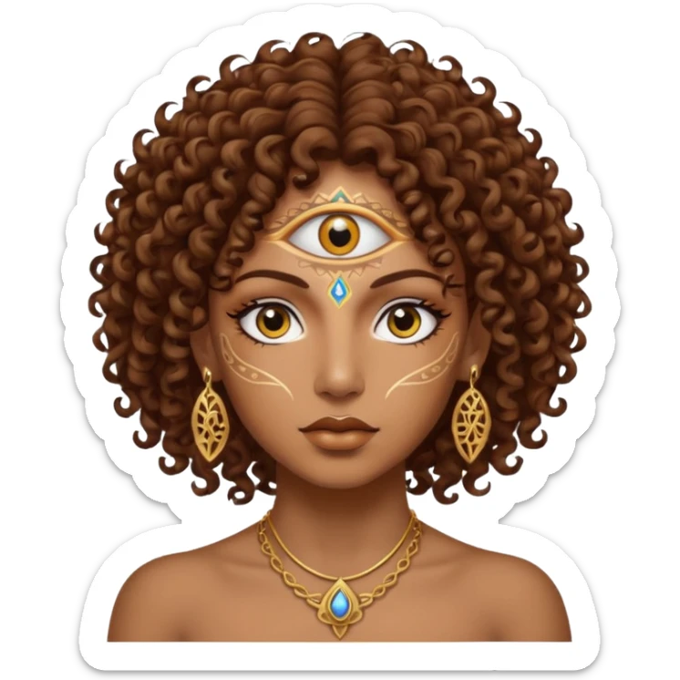 Sexy brown eyes, brown curly hair, white ethnicity with tattoo mystic vibe, third eye  sticker