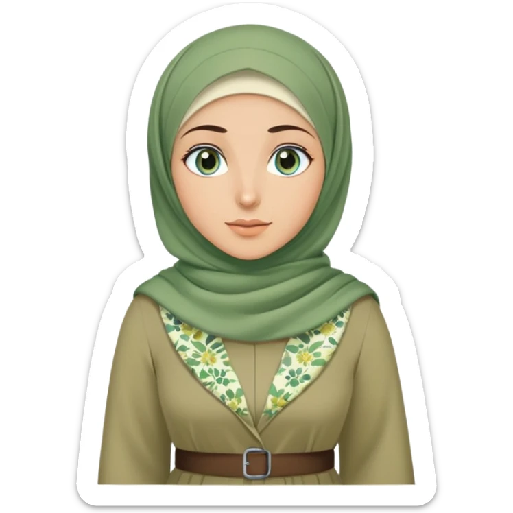 Turkish beautiful finish Konya girl blue eyes and green khaki hijab and light green floral dress and she go out on office sticker
